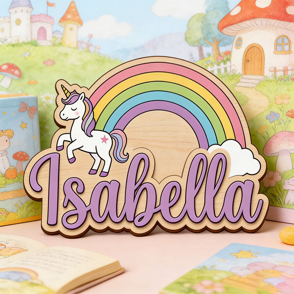 Nursery - Papan Nama Kustom Unicorn & Pelangi